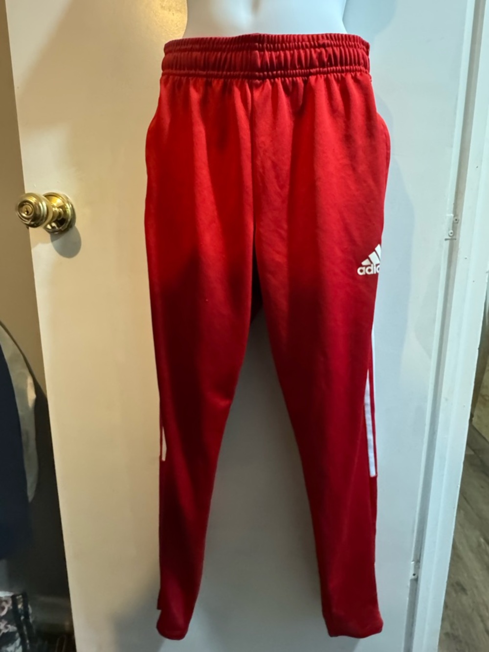 Adidas Red Track Joggers with White Stripe